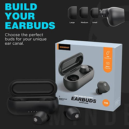 Wireless Earbuds Noise Cancellation Deep Bass Immersive Sound Headphones | Bluetooth Earphones, IPX5 Waterproof, 36-Hour Battery Life, Compatible with iPhone, Samsung, Android, PC, MINDBEAST T98 Black