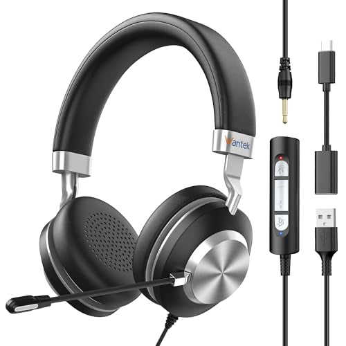 Wantek Headset wtih Mic, USB Headset with Microphone for PC, Computer Headset with Noise Canceling Microphone with Mute for Work Home Office Online Skype Zoom Meetings - color: Black