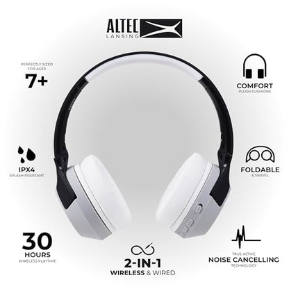 Altec Lansing Kid Safe Noise Cancelling Wireless Headphones 15H Battery, 85dB Volume Limit, Foldable Design Powerful Sound, Active Noise Cancellation Perfect for Kids Ages 7+ - color: Blackout Lavender