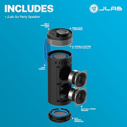 JLab, Go Party, Portable Bluetooth Speaker, Waterproof RGB LED, Midnight Black - color: Midnight Black
