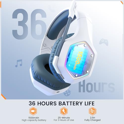 EKSA E1000WT Wireless Gaming Headset,2.4GHz USB Gaming Headphones with Microphone for PC, PS5, PS4, Nintendo Switch, 7.1 Surround Sound Headset, RGB Light, Ergonomic Design for Birthday Gift - color: 2.4G Wireless White