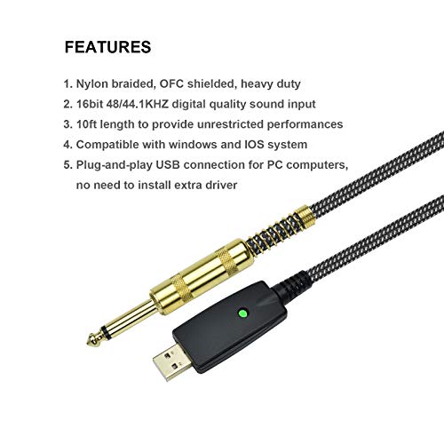 Guitar to USB Instrument Recording Cable, 10 Feet 1/4" TS Male to USB Guitar Cable, Nylon Braided, Gold Plated Plug, Noise Free, Plug and Play Connection, for Electric Guitar Bass Recording