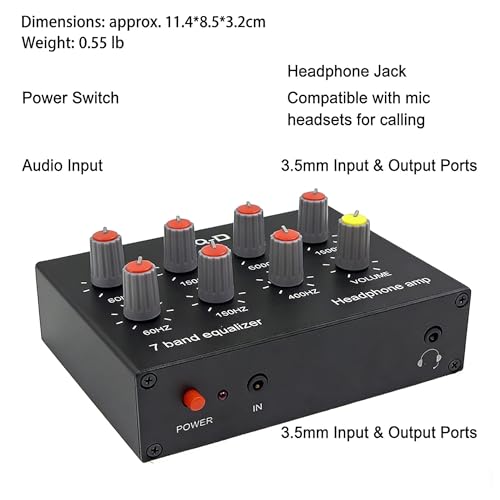 EQ-7 Mini 7 Band Equalizer and Headphone Amp, RCA 3.5mm Input | TL074 and NE5532 chips, level knobs, 16 to 600 ohm drive, for home audio, speaker, and gaming setups.