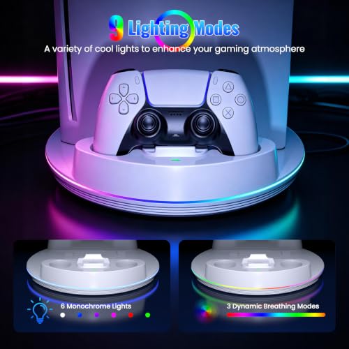 NEWDERY for PS5/Slim/Pro Console Stand with Controller Charger | Charging Station for PS5 Controllers, Adjustable RGB Light, for PS5 Controller Charger Stand, White - color: White
