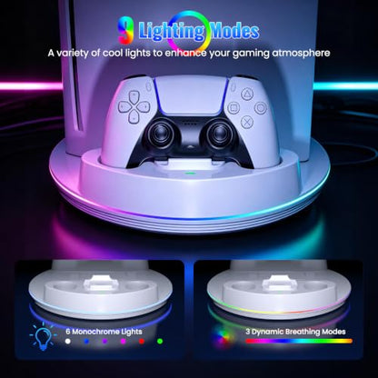NEWDERY for PS5/Slim/Pro Console Stand with Controller Charger | Charging Station for PS5 Controllers, Adjustable RGB Light, for PS5 Controller Charger Stand, White - color: White