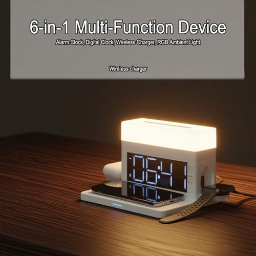 AYI Multifunctional Wireless Charging Station with Alarm Clock, 15W Fast Charger for Phones Watches Earbuds Qi-Certified, Stand with 7 RGB Night Light Modes - N65 White. - color: Wireless Charger Alarm Clockn65 White