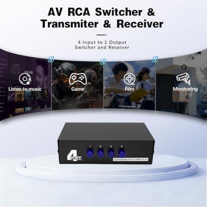 Poyiccot 4 Port Audio Receivers and Video Recivers, RCA Switcher 4 in 1 Out Composite Video L/R Audio Stereo Selector Box, Multi-Way AV Selector Switch Box for DVD, Game Consoles,Xbox, HDTV, 1Pack