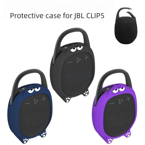 Soft Silicone Case for JBL CLIP5 Bluetooth Speaker Protective Cover Anti-Slip and Anti-Fall Fun Design with Paw Prints & Eyes Solid-Color Protector Sleeve (Purple) - color: Purple