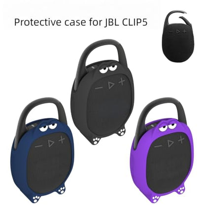 Soft Silicone Case for JBL CLIP5 Bluetooth Speaker Protective Cover Anti-Slip and Anti-Fall Fun Design with Paw Prints & Eyes Solid-Color Protector Sleeve (Purple) - color: Purple