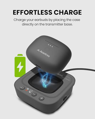 Avantree Aura Focus – Auracast Wireless TV Earbuds with Transmitter | Work with Auracast Hearing Aids, Dual Mode for TV & Phone Calls, Charging Dock, Volume Boost for Seniors & Hard of Hearing