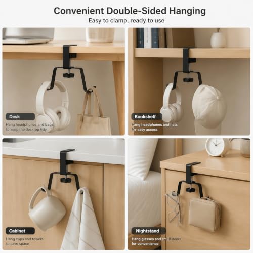 Clamp-On Under Desk Hook – Adjustable Headphone & Bag Holder for Table/Desk – Fits 1-5cm Plate – Reduces Clutter (Black)