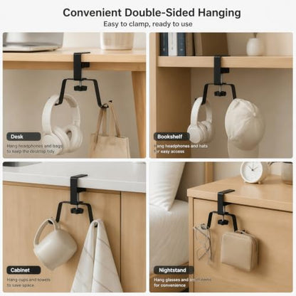 Clamp-On Under Desk Hook – Adjustable Headphone & Bag Holder for Table/Desk – Fits 1-5cm Plate – Reduces Clutter (Black)