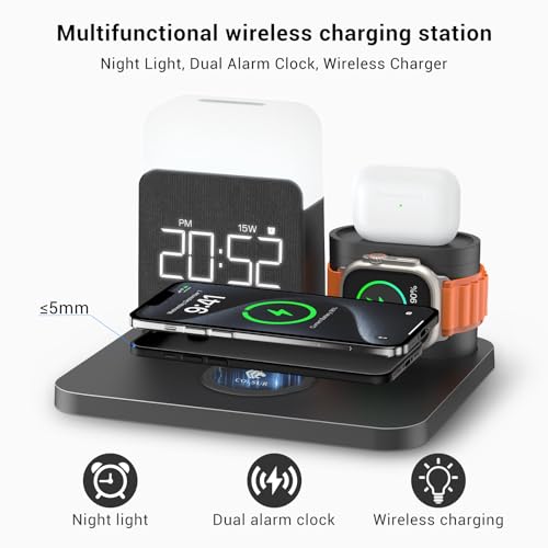 7 in 1 Charging Station for iPhone, Wireless Charging Station, Alarm Clock, Night Light, Wireless Charger for iPhone 17 16 15 14 13 12 Pro Max & Apple Watch - Charging Stand Dock for AirPods(Black) - color: Black