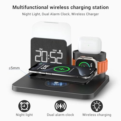 7 in 1 Charging Station for iPhone, Wireless Charging Station, Alarm Clock, Night Light, Wireless Charger for iPhone 17 16 15 14 13 12 Pro Max & Apple Watch - Charging Stand Dock for AirPods(Black) - color: Black
