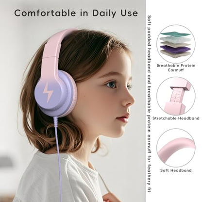 Candy Bila Wired Kids Headphones for School, Over-Ear for Boys Girls | Volume Limiter 85/94dB, HD Stereo Sound, Microphone and Wired Control, Foldable Design, Gradient Pink - color: Gradient Pink