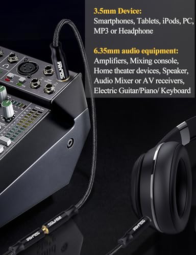 6.35mm (1/4") Female to 3.5mm (1/8") Male Stereo Adapter 11.5Ft | Connect 3.5mm Phone Headphone to 6.35mm Speaker Mixers Guitar Digital Piano Keyboard Amplifier, Braided Cord,24K Gold Plated - size: 11.5 Feet