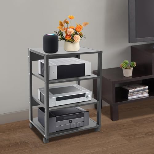 4-Tier AV Stand, Audio Video Media Rack with Lockable Wheels, 88 Lbs Capacity Audio Rack Shelf for Record Player, Stereo Receiver, Living Room, Black (4-Tier) - size: 4-Tier