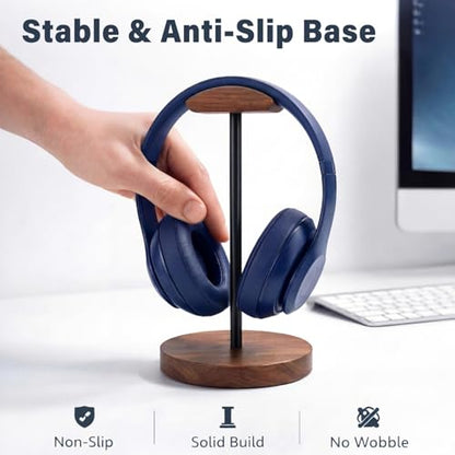 Wood & Metal Headphone Stand, Headset Holder for Desk, Desktop Gaming Headphone Hanger with Stable Non-Slip Bamboo Base, Universal Earphone Stand for Gaming, Office, Home, Gift - color: Black walnut