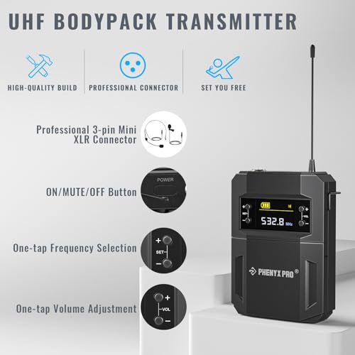 Phenyx Pro UHF Wireless Microphone System w/ 2x30 Tunable Frequencies, Metal Cordless Mic Set, 200 ft Range,2 Bodypacks & Headsets/Lapel Mics for Speaking, Singing, Church, DJ (PTU-52-2B)