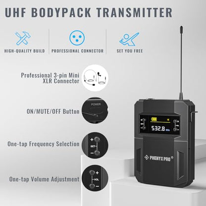Phenyx Pro UHF Wireless Microphone System w/ 2x30 Tunable Frequencies, Metal Cordless Mic Set, 200 ft Range,2 Bodypacks & Headsets/Lapel Mics for Speaking, Singing, Church, DJ (PTU-52-2B)