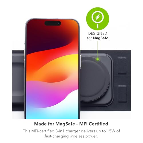 Mophie 3-in-1 Travel Charger v2 with MagSafe - Portable Wireless Charging Hub, Compatible with Apple Devices, iPhone 17/16/15/14/13/12, Apple Watch Series 11 to 1 & Ultra, AirPods Pro/3rd Gen, Black - color: Black, style: Gen 2
