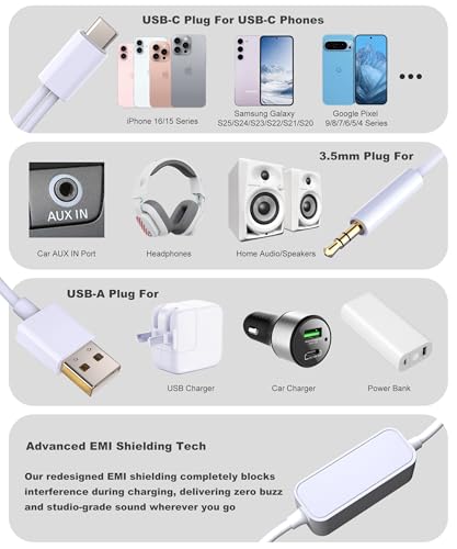 LMUBOY 오래된 자동차용 2-in-1 Aux to USB-C 코드 [버지 없음], [MFi 인증] Type-C to 3.5mm 오디오 Aux 케이블 충전 포함 | USB C 수 - 자동차 스테레오 케이블 아이폰 17/16/15, 갤럭시 S20-S25, 픽셀 10-4용 - style: 충전용 USB-A 플러그