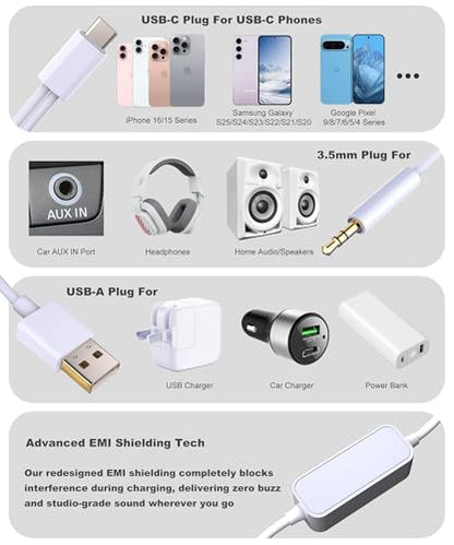 LMUBOY 오래된 자동차용 2-in-1 Aux to USB-C 코드 [버지 없음], [MFi 인증] Type-C to 3.5mm 오디오 Aux 케이블 충전 포함 | USB C 수 - 자동차 스테레오 케이블 아이폰 17/16/15, 갤럭시 S20-S25, 픽셀 10-4용 - style: 충전용 USB-A 플러그