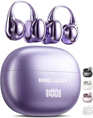 King Lucky Clip-On Earbuds Gen 3, Open-Ear Wireless Bluetooth 6.0 Headphones with Mic, Secure Fit for Small Ears & Glasses Wearers, 50H Playtime, LED Digital Display, ENC, IPX5 Waterproof (Purple) - color: Purple, size: Digital Display