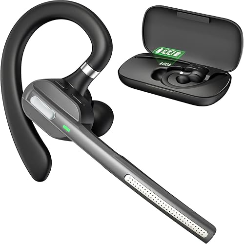 Bluetooth Headset V5.3, Wireless Earpiece with Mic for Work | 500mAh Charging Case, Noise Canceling Mic, for Trucker, Office, Business, Compatible with Cell Phone and PC