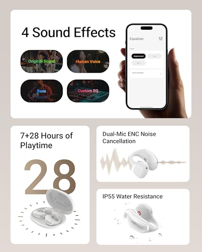 ACEFAST AceClip Pro Open-Ear Earbuds, Wireless Clip-On Earbuds with 3× Larger Drivers, Outdoor Boost Mode, AI Noise Cancelling Calls, 28H Playtime, IP55 Waterproof, App & Click Control, Lightweight - color: White