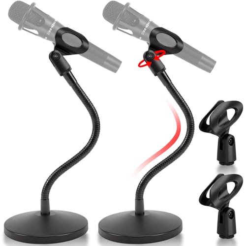 DoubleFill 2 Pcs 13.8" Desktop Microphone Stand Adjustable Heavy Duty Flexible Gooseneck Mic Stand Metal Round Base Tabletop Mic Holder for Podium Podcast Lecture Streaming Recording Gaming Studio