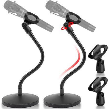 DoubleFill 2 Pcs 13.8" Desktop Microphone Stand Adjustable Heavy Duty Flexible Gooseneck Mic Stand Metal Round Base Tabletop Mic Holder for Podium Podcast Lecture Streaming Recording Gaming Studio