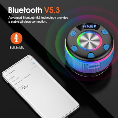 Bluetooth Shower Speaker, IP7 Waterproof Portable Bluetooth 5.3 Speakers with Suction Cup, Mini Wireless Speaker with RGB Lights Time Display, Loud Stereo Sound for Bathroom Beach Outdoor Party, Azure - color: Azure