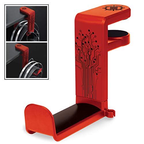 ENHANCE PC Gaming Headphone Holder - Desk Headphone Hanger Esports Headset Holder with Adjustable 360 Rotation, Under Desk Hook Clamp, Universal Fit - Built in Cable Clip Organizer - Red - color: Red