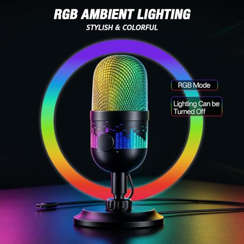 Gaming Microphone, USB Dynamic Gaming Mic for PC, Computer Gaming Streaming Mic with RGB Light, Mute Button, Gain Control, Desktop Podcast Mic for Recording Studio Twitch YouTube - RK102