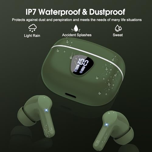 BESNOOW I53 ENC Wireless Earbuds Bluetooth 5.4 HiFi Stereo in Ear Ear Buds | With ENC Noise Cancelling Mic, IP7 Waterproof in Ear Earphones,48H, LED Display Ear buds for Pad Phones Workout Sports, Green - color: Green