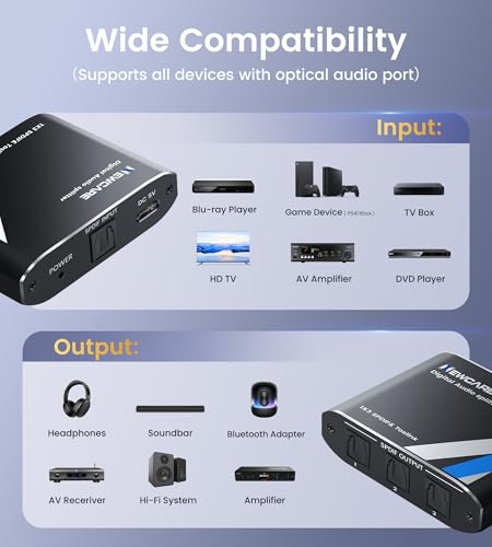 NEWCARE Digital Optical Splitter 1 in 3 Out,SPDIF Toslink Optical Audio Cable Splitter 1x3 Support LPCM2.0 Doldy Digital & DTS 5.1 for Xbox,PS4,PS5,DVD,TV Box,Home Theatre, Receiver,Sound Bar | Split 1 Optical Audio Signal to 3 Devices, Support LPCM2.0 Do