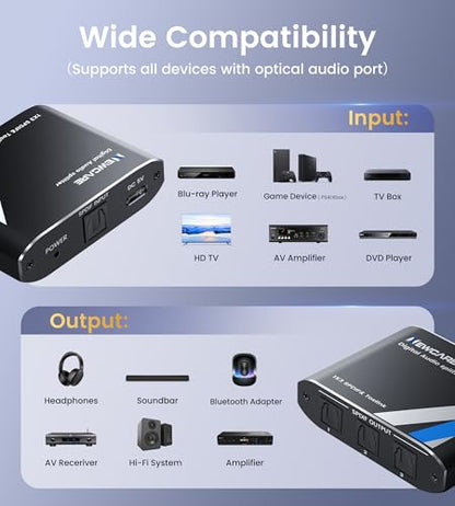 NEWCARE Digital Optical Splitter 1 in 3 Out,SPDIF Toslink Optical Audio Cable Splitter 1x3 Support LPCM2.0 Doldy Digital & DTS 5.1 for Xbox,PS4,PS5,DVD,TV Box,Home Theatre, Receiver,Sound Bar | Split 1 Optical Audio Signal to 3 Devices, Support LPCM2.0 Do