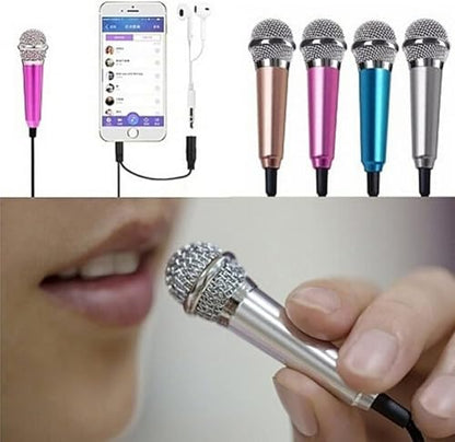 Mini Portable Vocal Instrument Microphone for Mobile Phone Laptop Notebook 3.5mm Universal Wire Connect Karaoke Metallic Mini Microphone for Cell Phone PC Silver