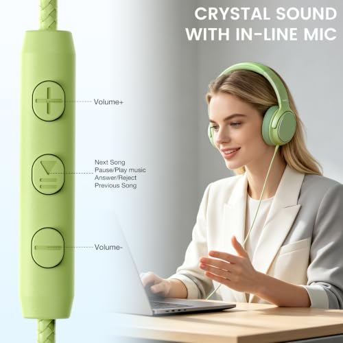 USB C Wired Over-Ear Headphones with Microphone | Volume Control, Share Port, Adjustable Headband Foldable Stereo Headset for Adult/Teens for iPhone 16, Laptop, Gaming, Travel - color: Grass Green