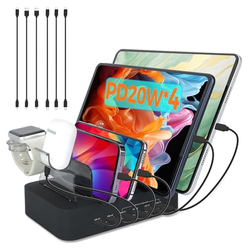 여러 장치용 USB C 충전 스테이션 애플, 100W 4 PD 및 USB 충전기 스테이션 2개, 애플 아이폰 아이패드 및 안드로이드 폰 및 태블릿과 호환, 타입 C 멀티 충전 스테이션 - color: 4PD&2USB&블랙&100W