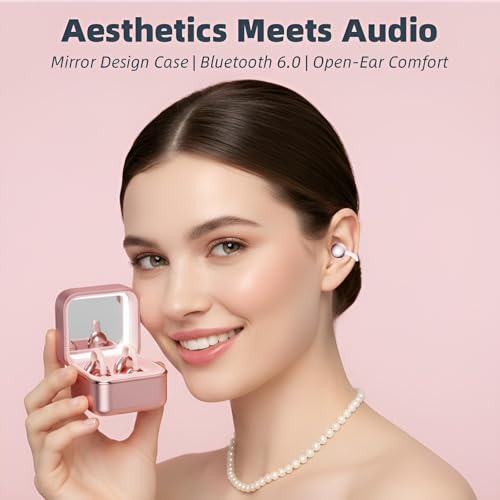 Wireless Earbuds with LED Makeup Mirror Case, Bluetooth 6.0 Open Ear Clip-On Headphones, Cute Pink Air Conduction Earphones for Women, Low Latency, Secure Fit for Running & Travel - color: Pink