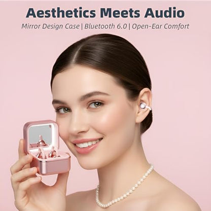 Wireless Earbuds with LED Makeup Mirror Case, Bluetooth 6.0 Open Ear Clip-On Headphones, Cute Pink Air Conduction Earphones for Women, Low Latency, Secure Fit for Running & Travel - color: Pink