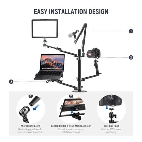 NEEWER Overhead Camera Stand Desk Mount Rig with 4 Boom Arms for Photography Video Light Ring Light Phone Mount Webcam Mic Compact DSLR for Live Streaming Broadcast Online Teaching Meeting, DS007 - style: DS007