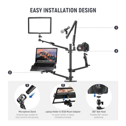 NEEWER Overhead Camera Stand Desk Mount Rig with 4 Boom Arms for Photography Video Light Ring Light Phone Mount Webcam Mic Compact DSLR for Live Streaming Broadcast Online Teaching Meeting, DS007 - style: DS007