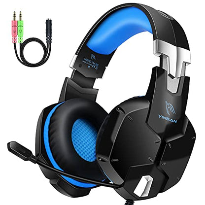 Gaming Headset for PS4 Xbox One PC PS5,Over Ear Wired Gaming Headphones with Microphone Noise Cancelling,Flip-to-Mute,Bass Surround Sound,Lightweight,Soft Memory Earmuffs,Black Blue