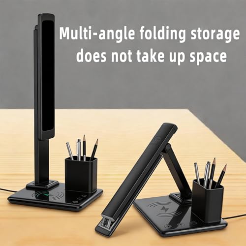 IHAO 7in1 Smart Desk Lamp with Wireless Charger & Digital Clock | 15W Fast Charging for Phone & Earbuds, Time/Date/Temp Display, Alarm, 3 Light Modes, USB Port, Detachable Pen Brush Pot-HYT1771 Black - color: Table Lamp with Brush Pot HYT1771 Black