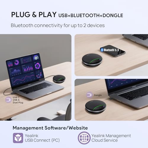 Yealink SP92 Bluetooth Speakerphone USB Conference Speaker and Microphone | Full-Duplex,Noise Reduction,20h Teams Call,278g,Wireless Portable Design,4-6 Meeting Room/Computer,BT51 Dongle,A/C Adapter - size: SP92 with Dongle