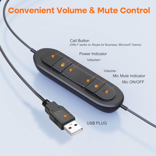 MKJ USB Headset with Microphone for Work, Wired Computer Headset for Business Calls, Noise Canceling Call Center Headphone for Office PC, Laptop, Zoom, Teams, Webinars, Softphones, Virtual Learning