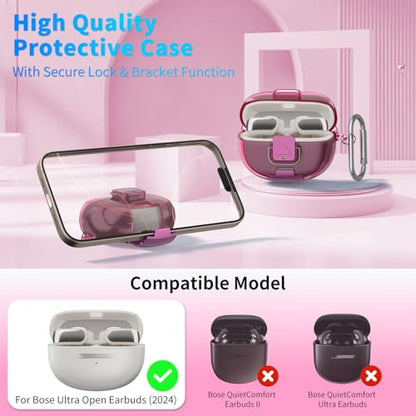for Bose Ultra Open Earbuds Case with Secure Lock & Phone Stand, Soft TPU Shockproof Protective Clear Case for Bose Open Ear Earbuds Accessories with Cleaning Pen & Keychain (Deep Rose) - color: Deep Rose
